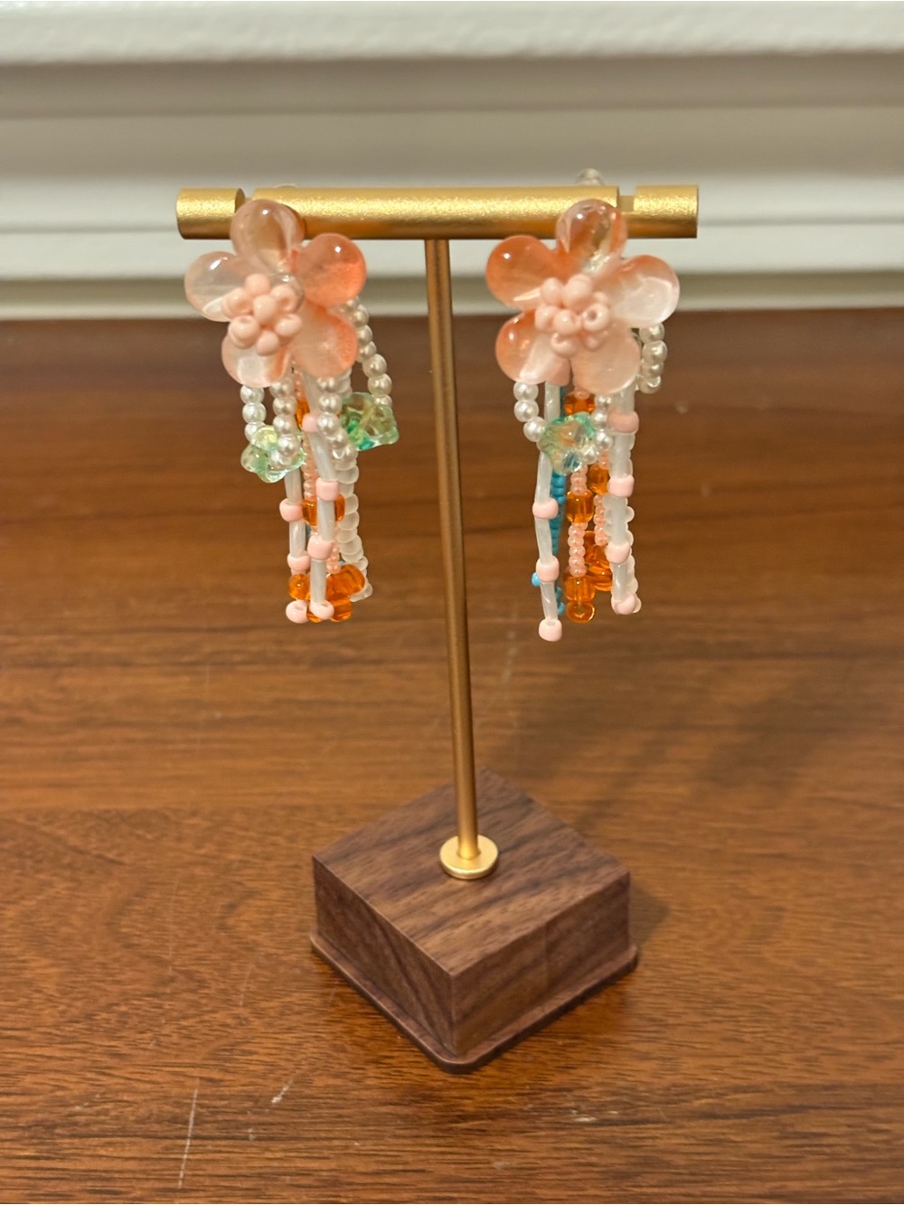2K Pink, orange and green Floral Beaded dangle Earrings